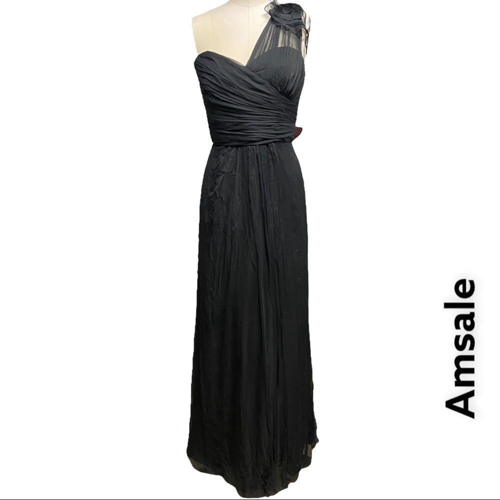 🍂 AMSALE formal one shoulder black full length draped dress + size 10